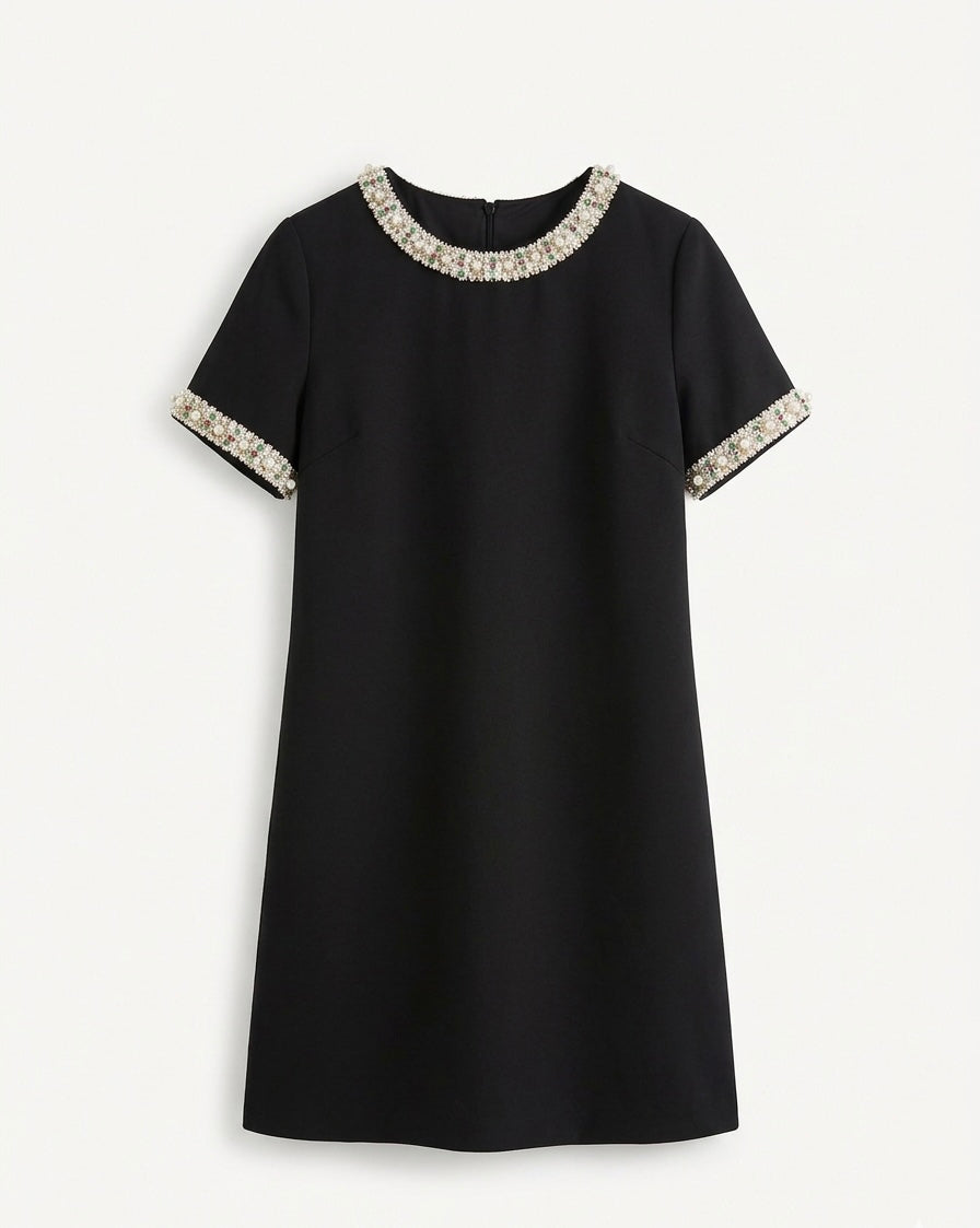 Elegant Ivory Shift Dress with Embellished Collar