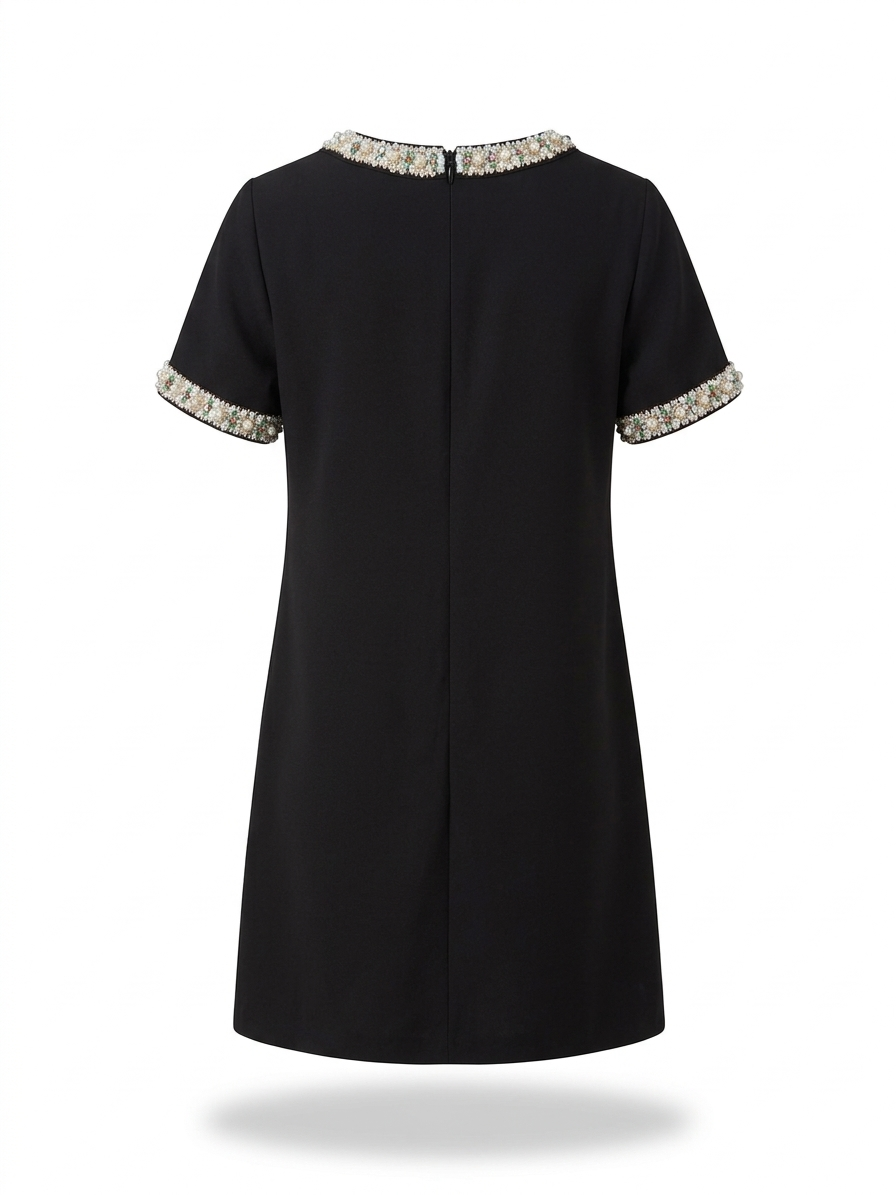 Elegant Ivory Shift Dress with Embellished Collar