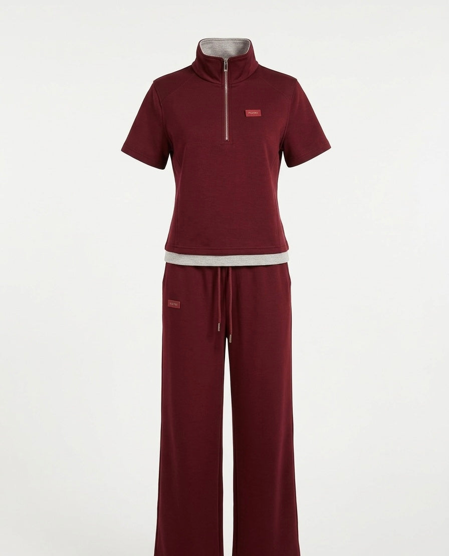 Navy Zip-Neck Sport Set with Wide-Leg Pants – Minimal Athleisure