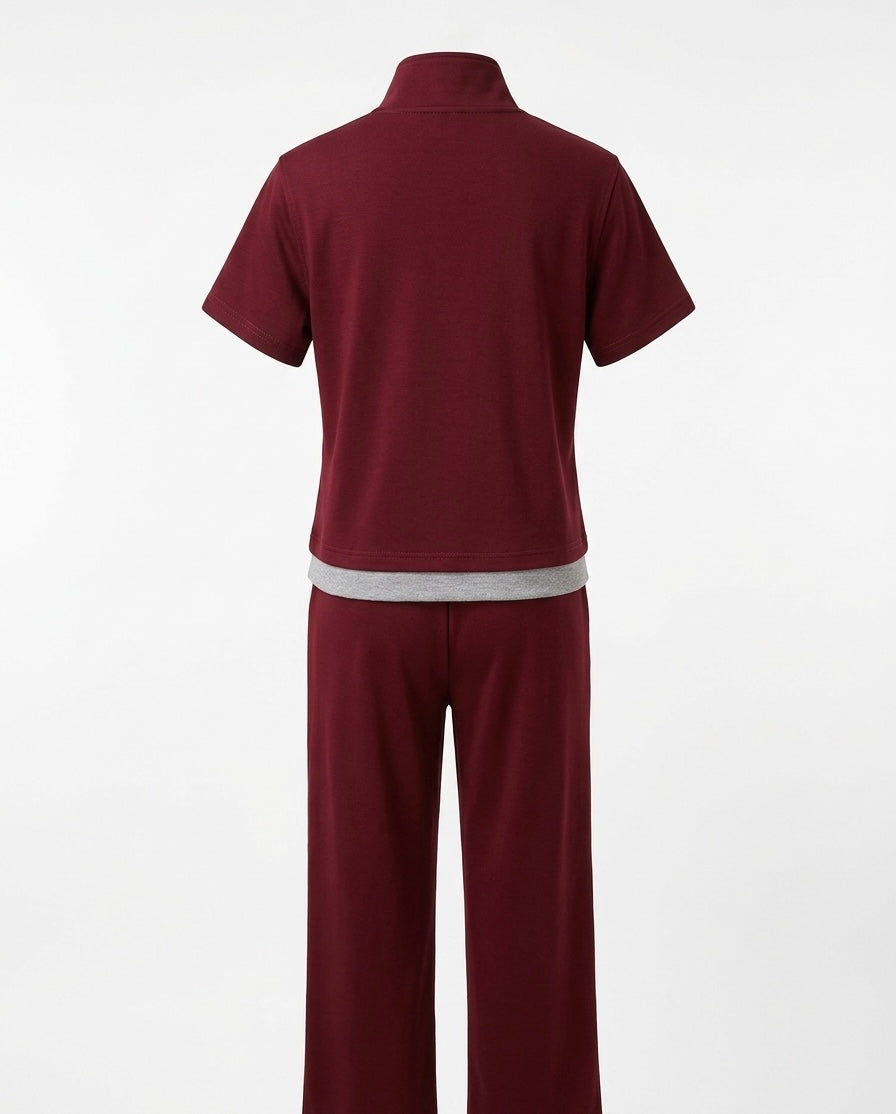Navy Zip-Neck Sport Set with Wide-Leg Pants – Minimal Athleisure