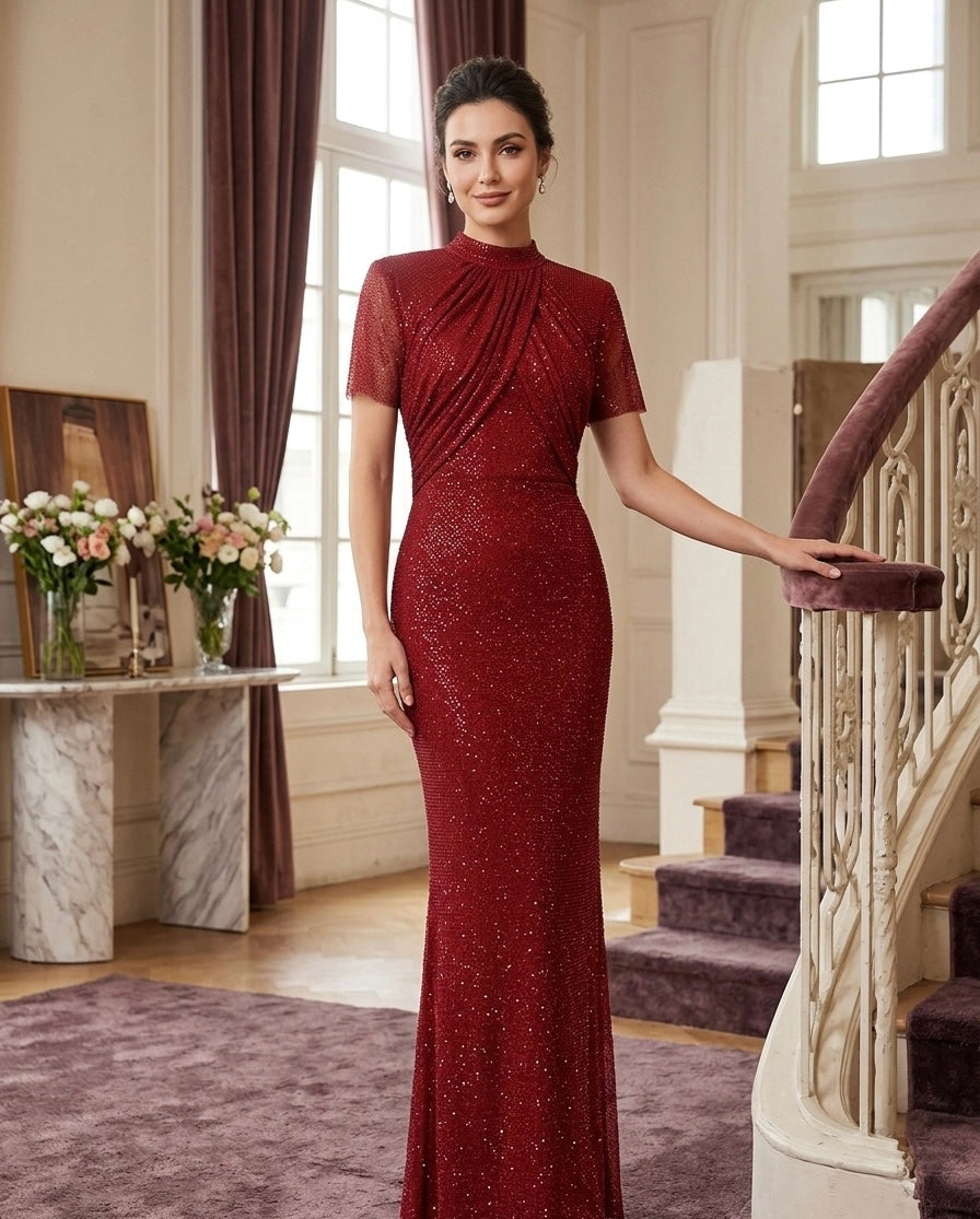 Crimson Sparkle High-Neck Evening Gown