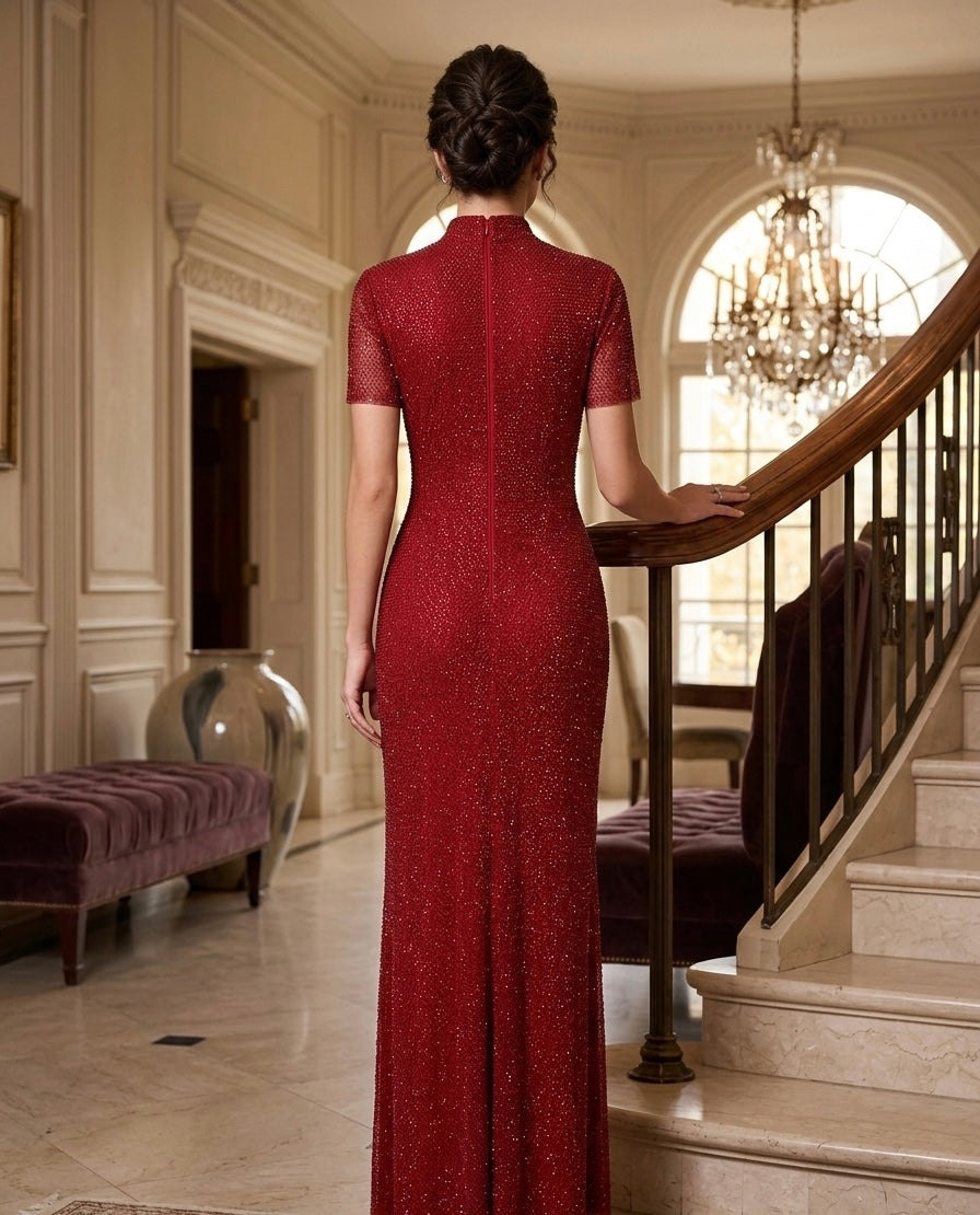 Crimson Sparkle High-Neck Evening Gown