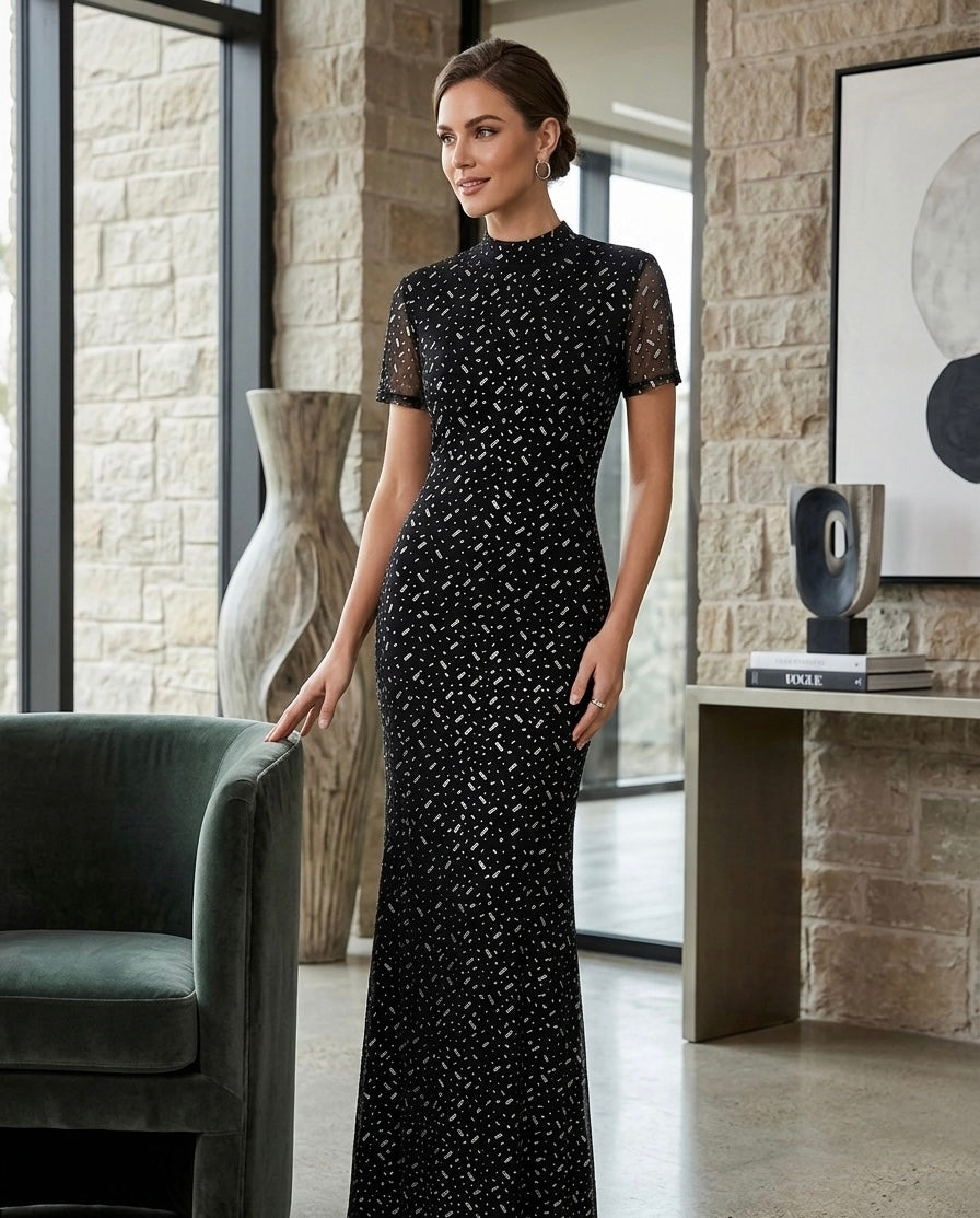 Midnight Sparkle Sheer Sleeve Maxi Dress