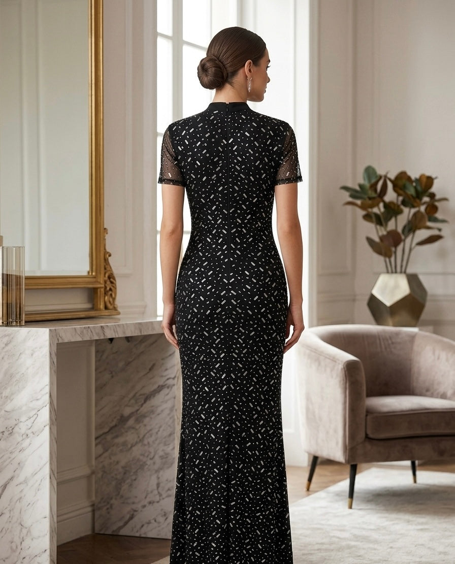 Midnight Sparkle Sheer Sleeve Maxi Dress