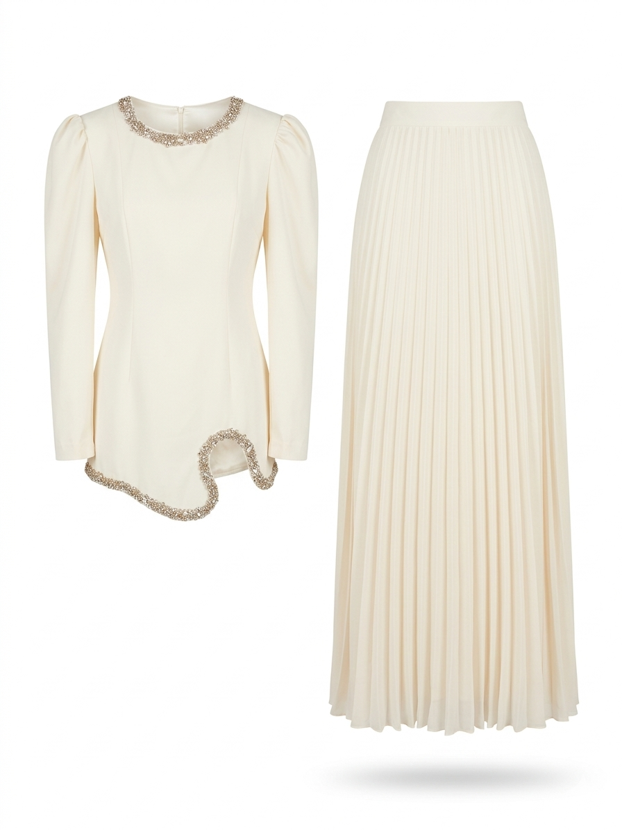 Ivory Embellished Top & Pleated Maxi Skirt Set