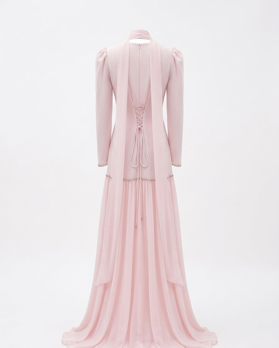 Blush Pink Long Sleeve Midi Dress with Sheer Flowing Skirt