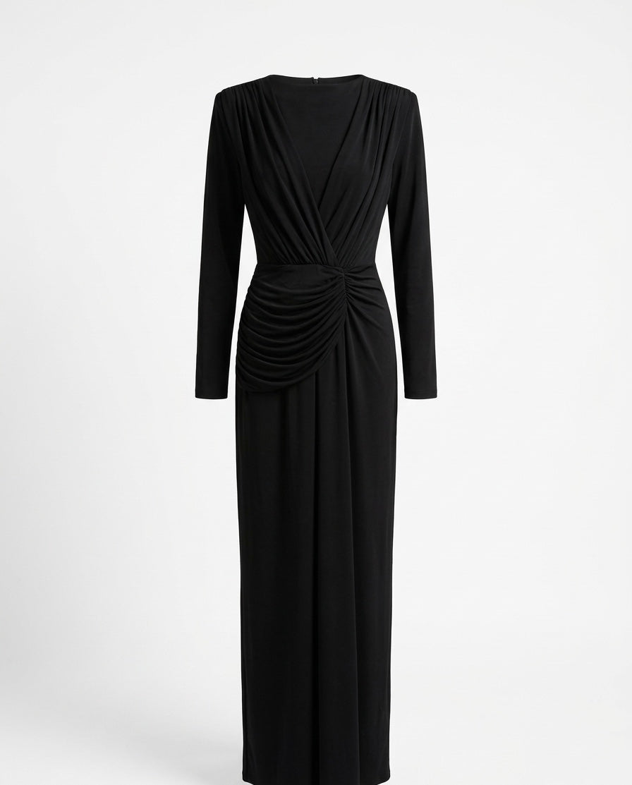 Elegant Black Draped Maxi Dress with Long Sleeves
