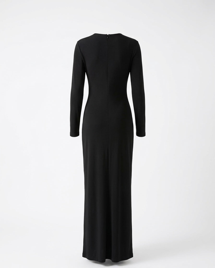 Elegant Black Draped Maxi Dress with Long Sleeves