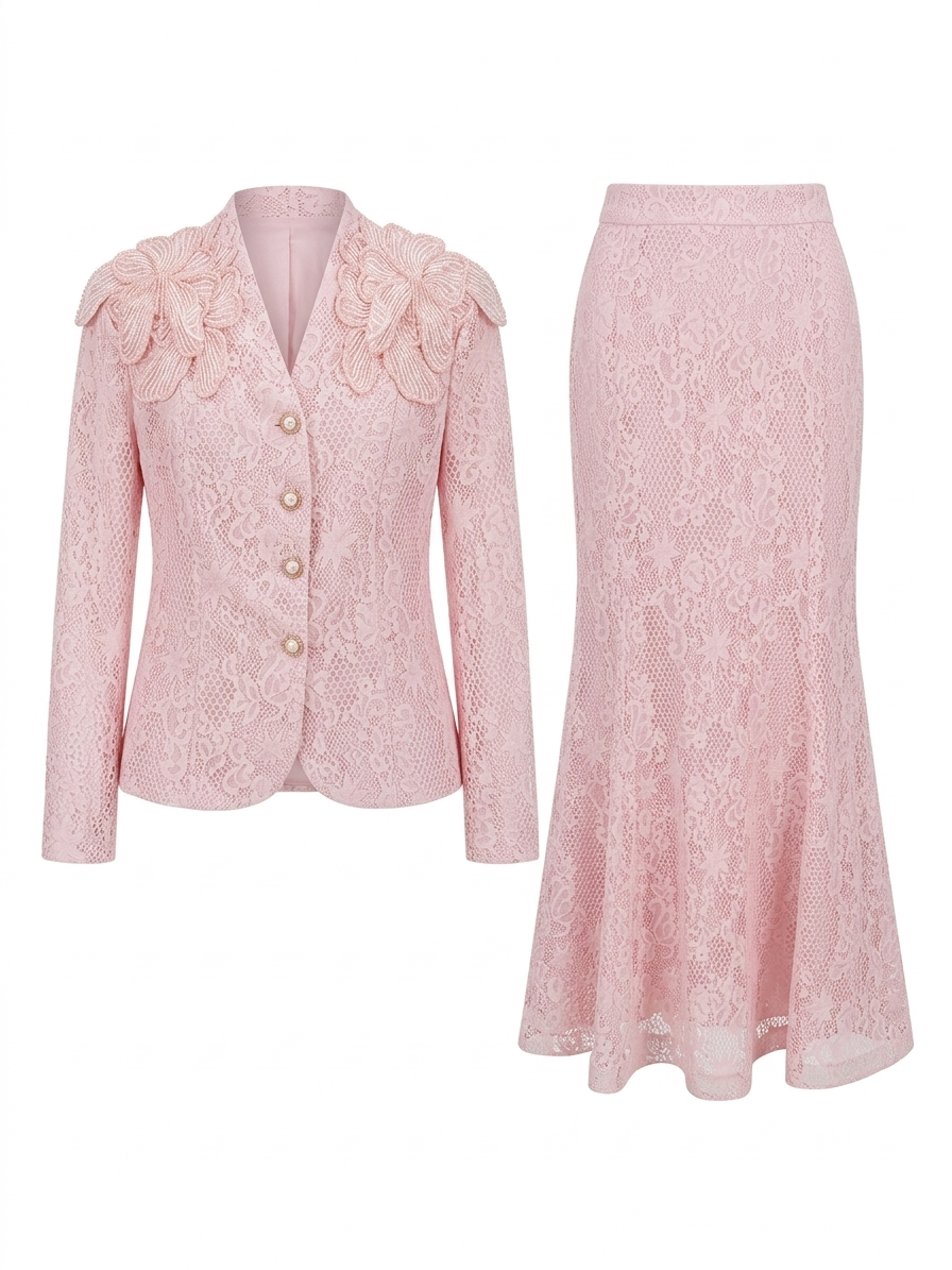 Blush Pink Lace Jacket & Midi Skirt Set with Floral Shoulder Detail