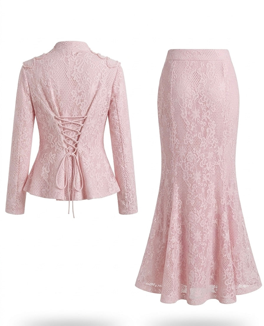 Blush Pink Lace Jacket & Midi Skirt Set with Floral Shoulder Detail