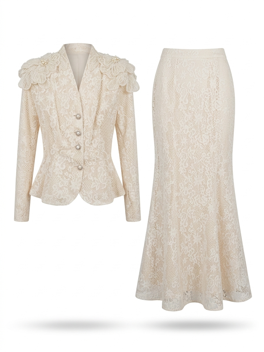 Blush Pink Lace Jacket & Midi Skirt Set with Floral Shoulder Detail