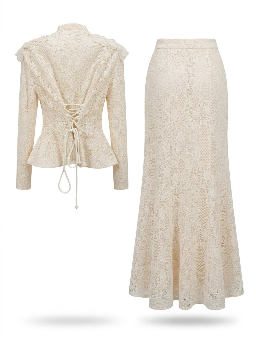Blush Pink Lace Jacket & Midi Skirt Set with Floral Shoulder Detail