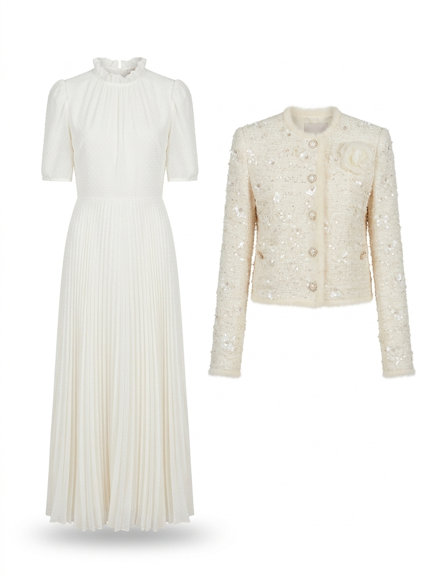 Ivory Pleated Midi Dress with Embellished Tweed Jacket Set