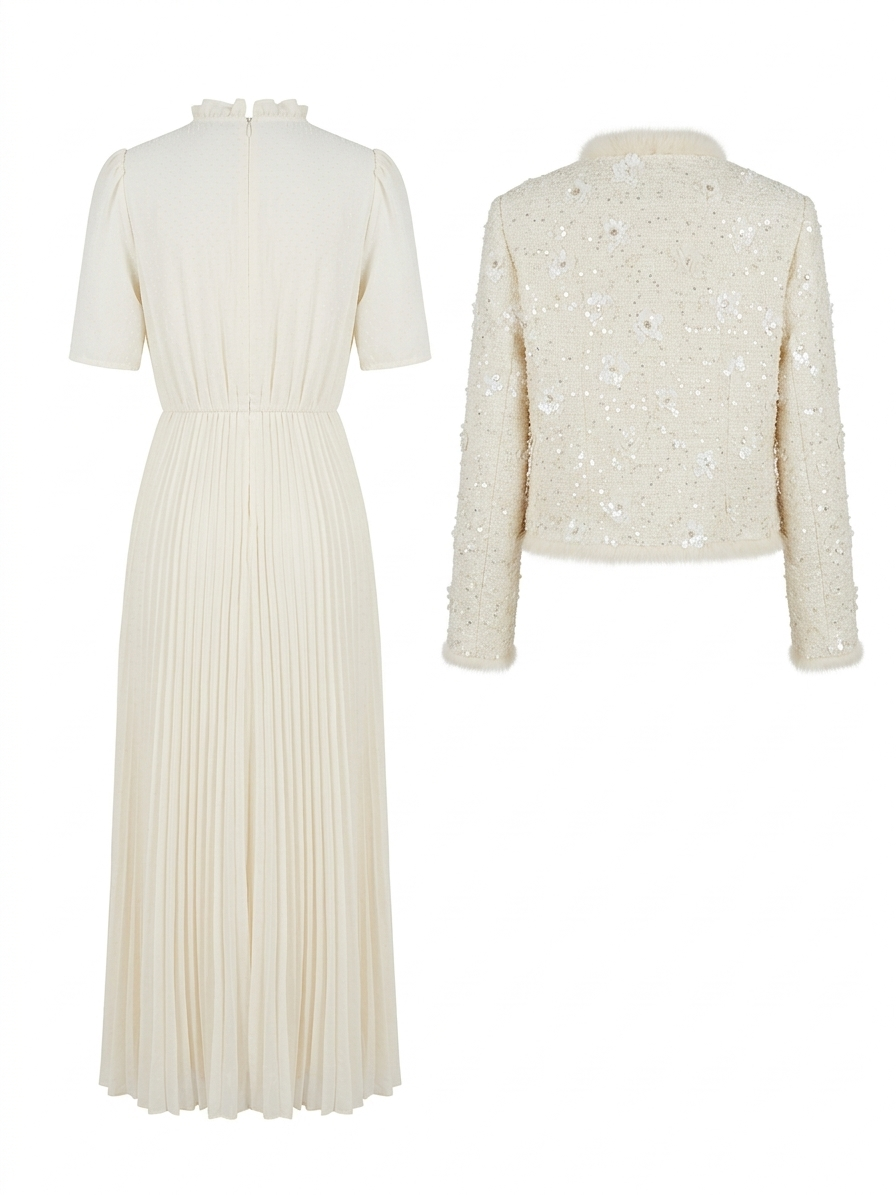 Ivory Pleated Midi Dress with Embellished Tweed Jacket Set