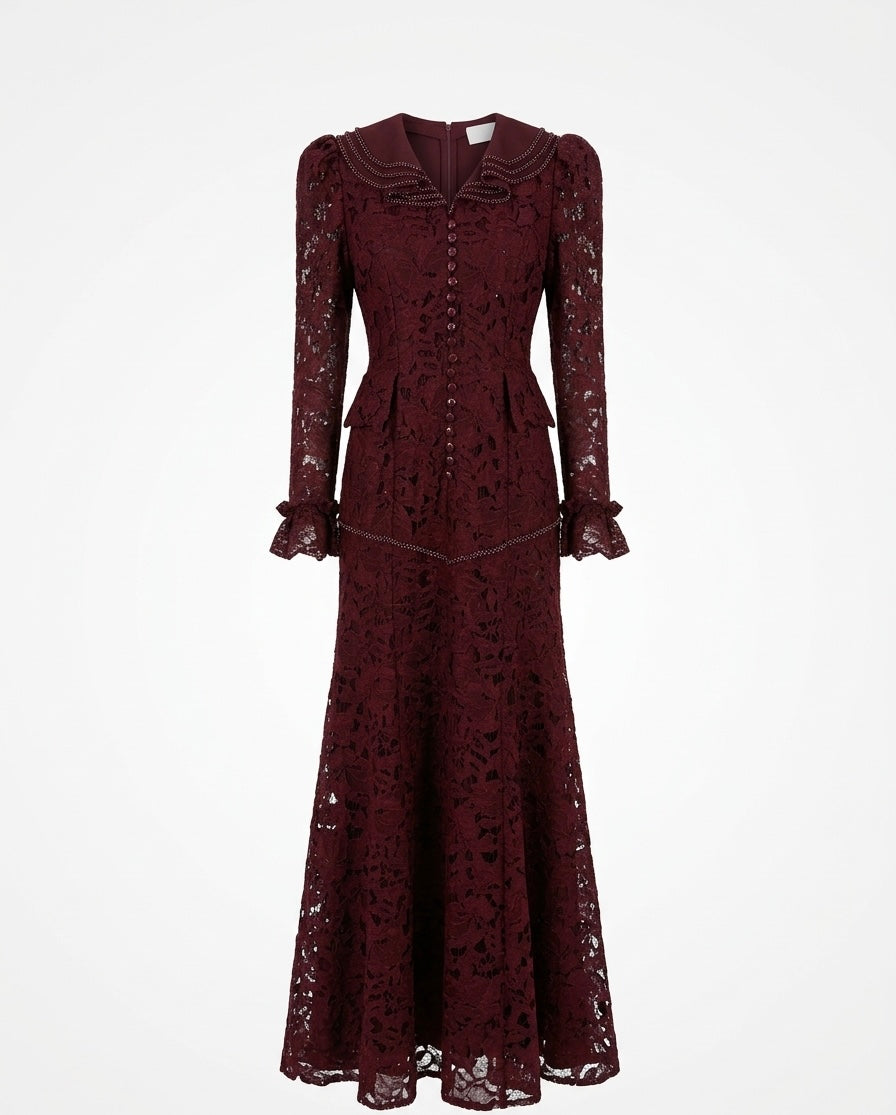 Burgundy Lace Vintage-Inspired Midi Dress with Embellished Collar