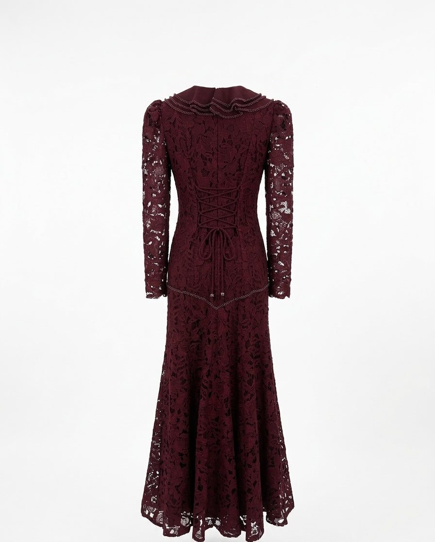 Burgundy Lace Vintage-Inspired Midi Dress with Embellished Collar