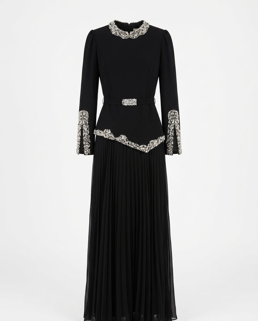 Black Pleated Evening Dress with Crystal Embellished Details