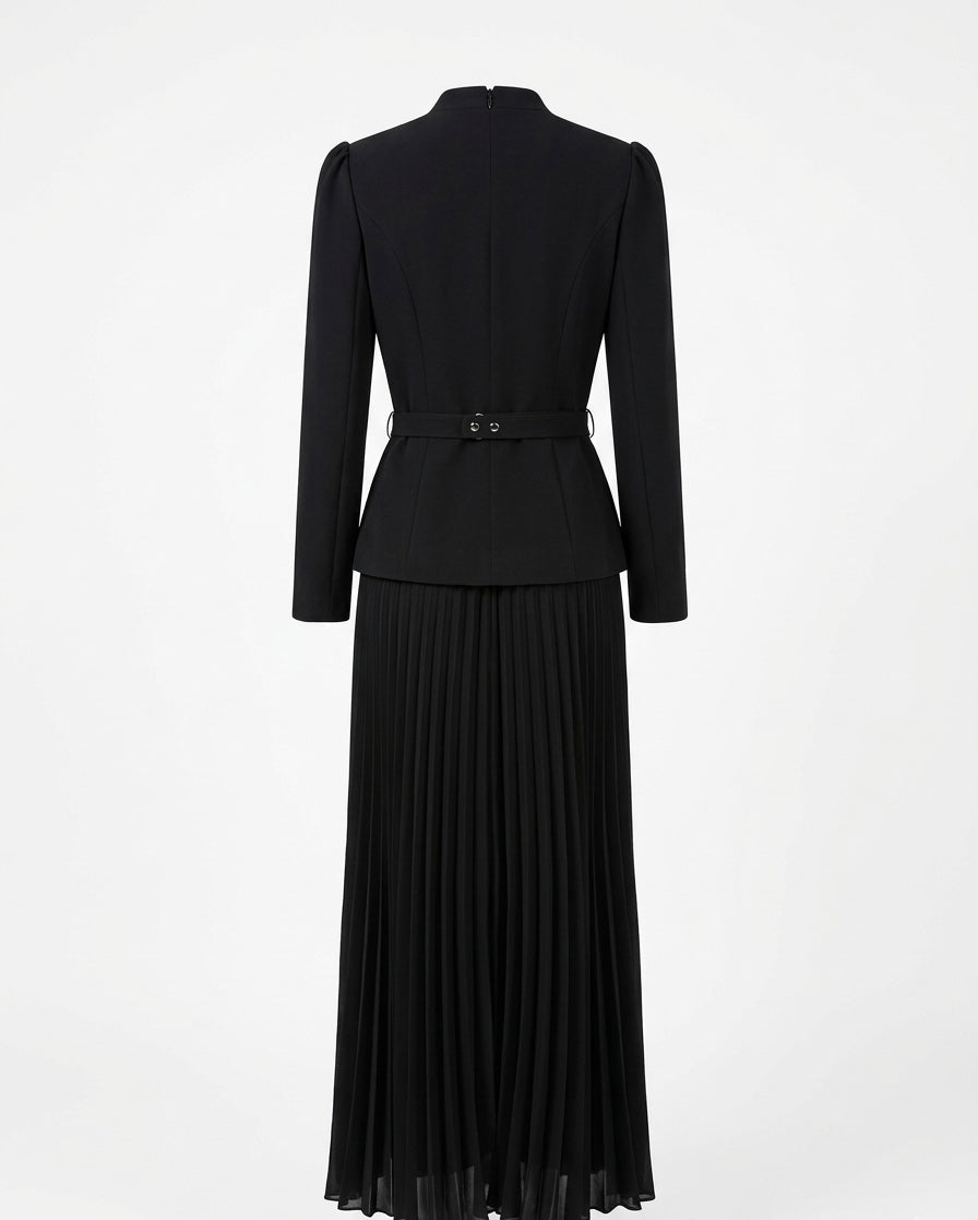 Black Pleated Evening Dress with Crystal Embellished Details