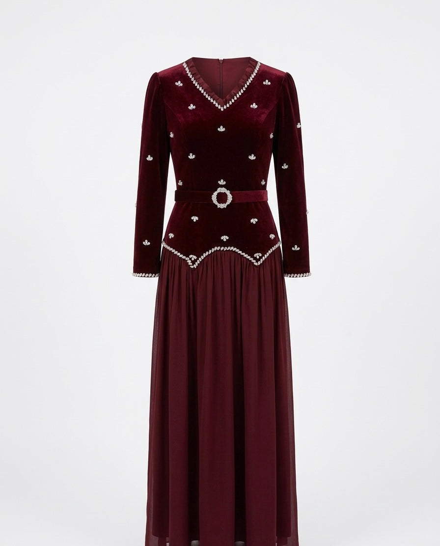 Burgundy Velvet & Chiffon Evening Dress with Crystal Embellishments