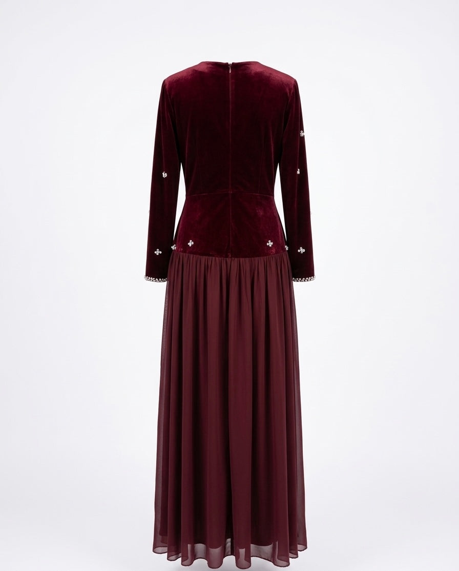 Burgundy Velvet & Chiffon Evening Dress with Crystal Embellishments