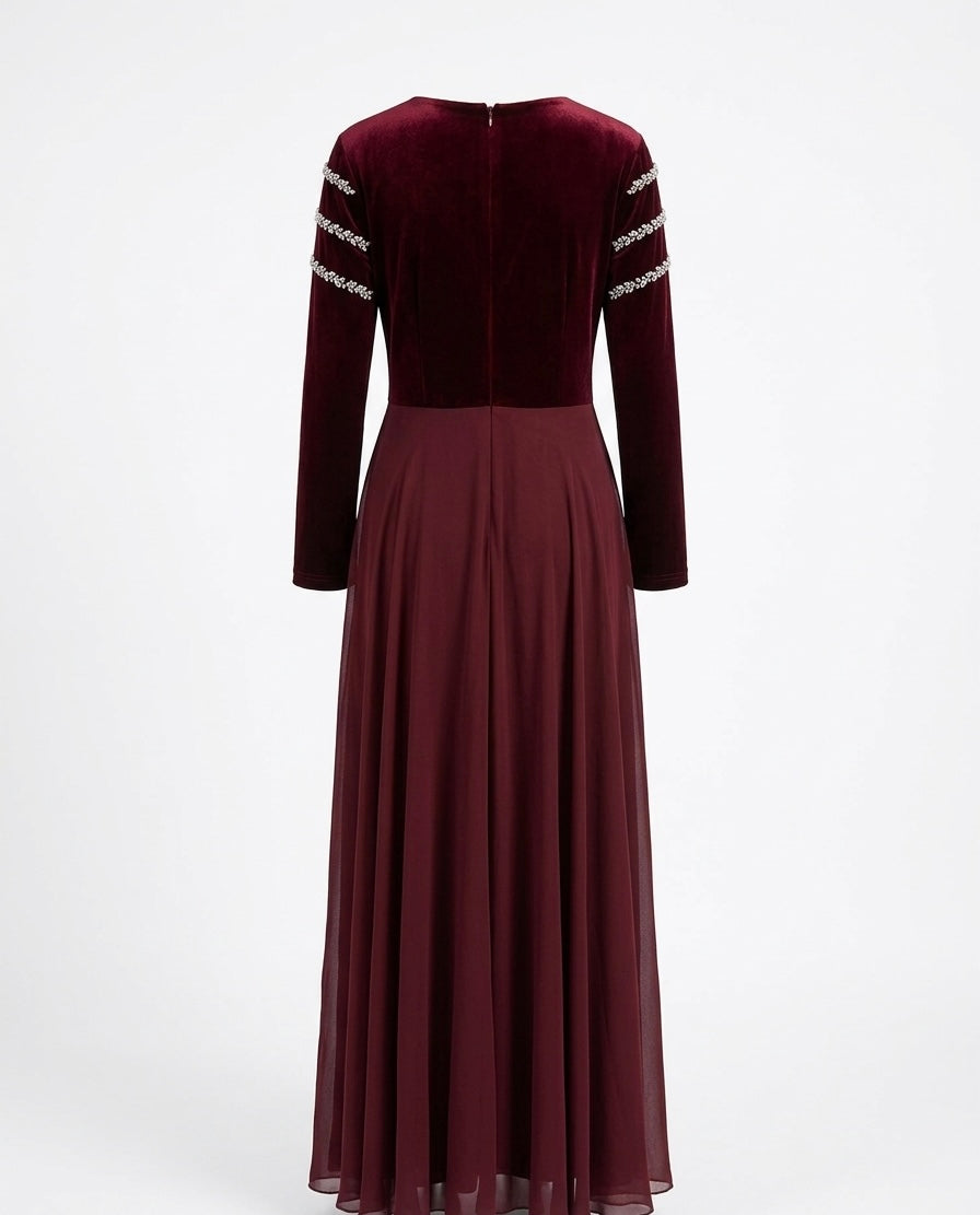 Burgundy Velvet & Chiffon Gown with Radiant Crystal Embellishments