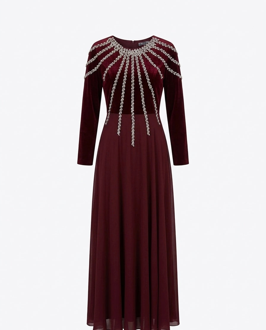 Burgundy Velvet & Chiffon Gown with Radiant Crystal Embellishments