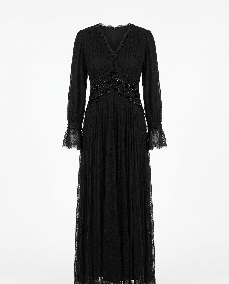 Black Lace Evening Dress with Beaded Waist Detail