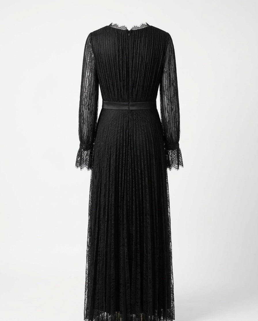 Black Lace Evening Dress with Beaded Waist Detail