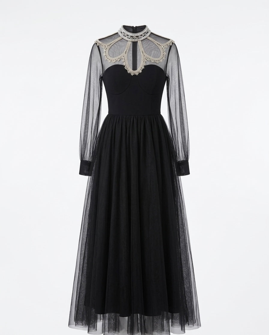 Black Tulle Midi Dress with Embellished Sheer Neckline