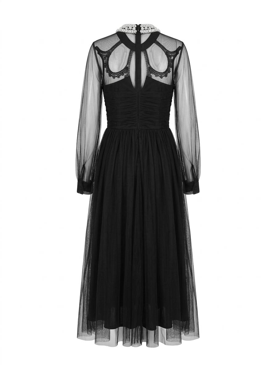 Black Tulle Midi Dress with Embellished Sheer Neckline