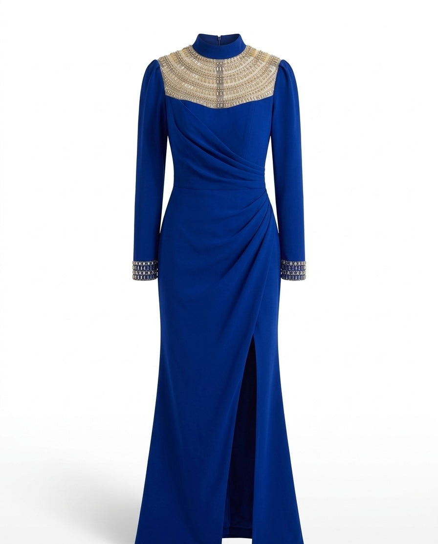 Royal Blue Draped Evening Gown with Gold Embellished Neckline