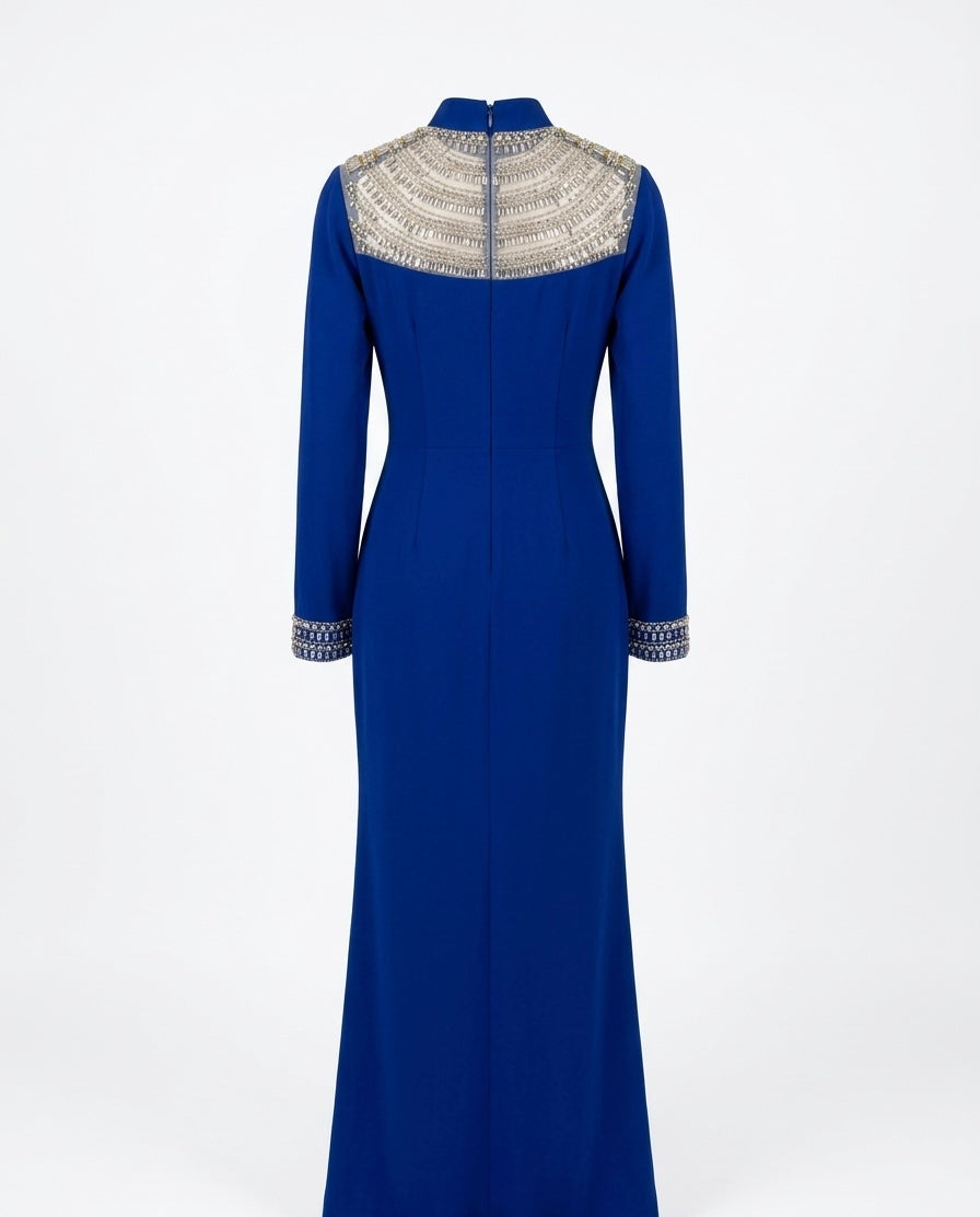 Royal Blue Draped Evening Gown with Gold Embellished Neckline