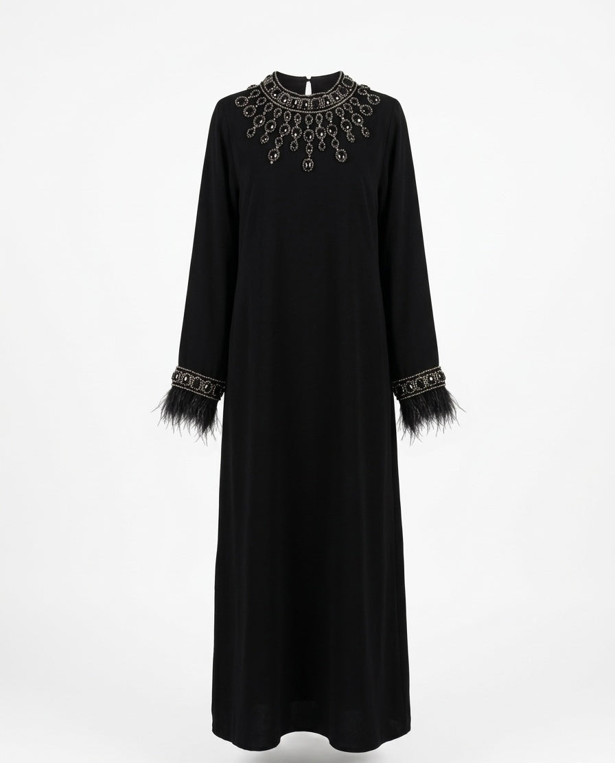 Black Embellished Kaftan Dress with Feather Cuffs