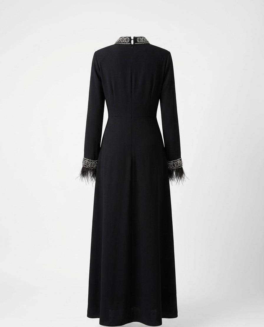 Black Embellished Kaftan Dress with Feather Cuffs