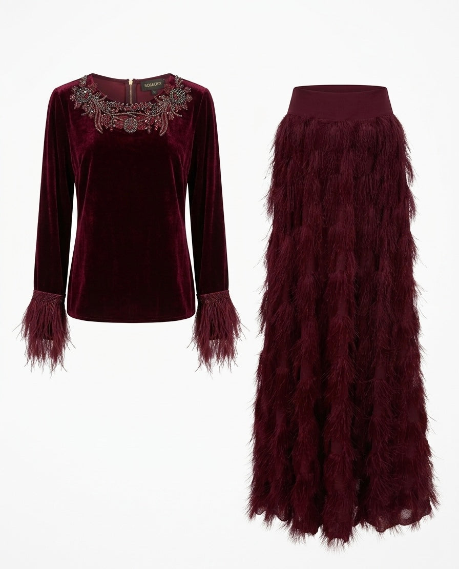 Burgundy Velvet Top & Feather Maxi Skirt Set