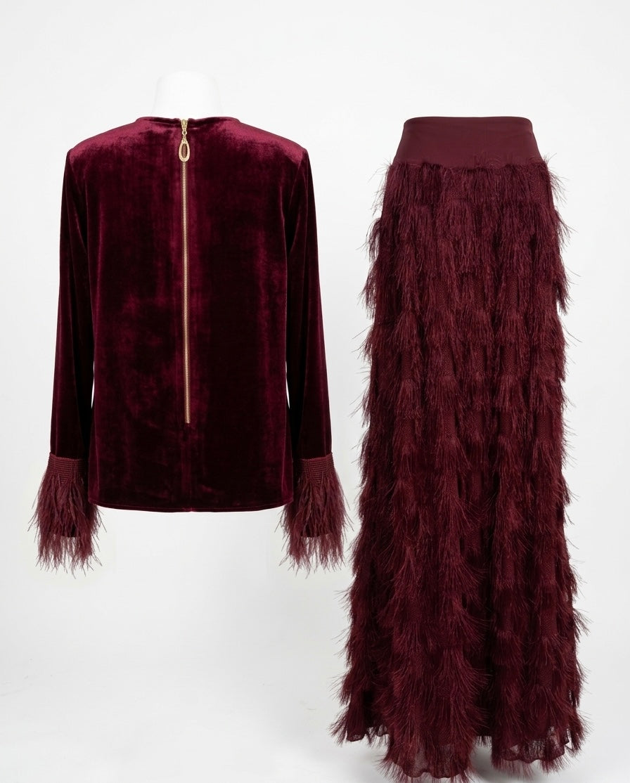 Burgundy Velvet Top & Feather Maxi Skirt Set