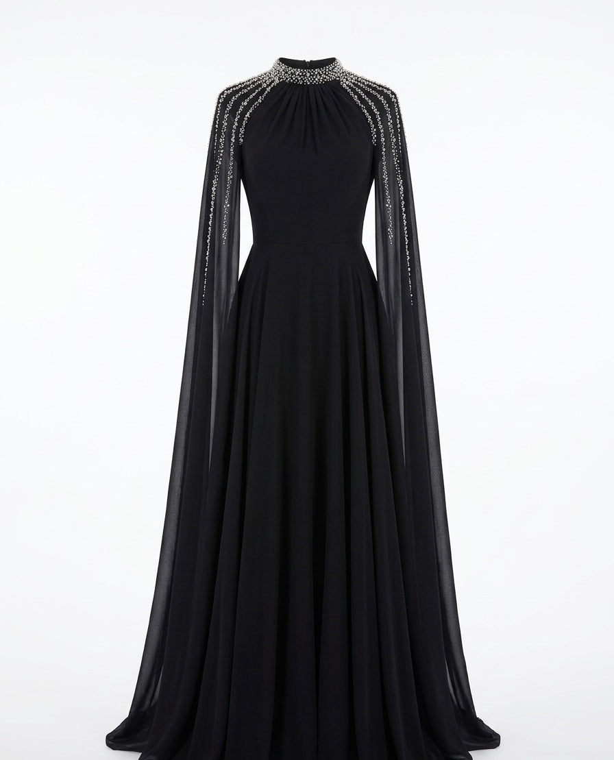 Black Embellished Cape Sleeve Evening Gown