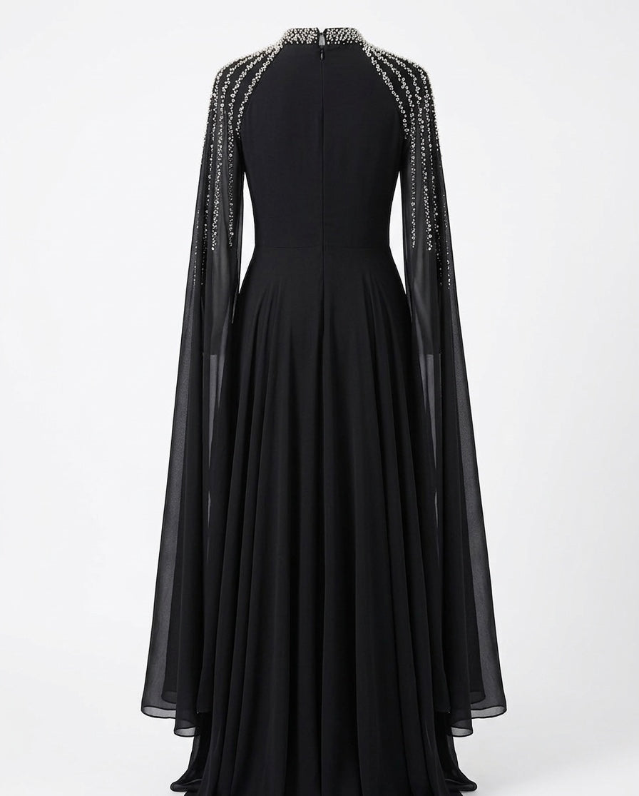 Black Embellished Cape Sleeve Evening Gown