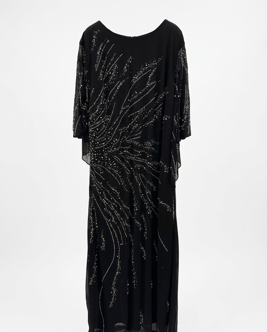 Black Crystal-Embellished Sheer Overlay Evening Dress