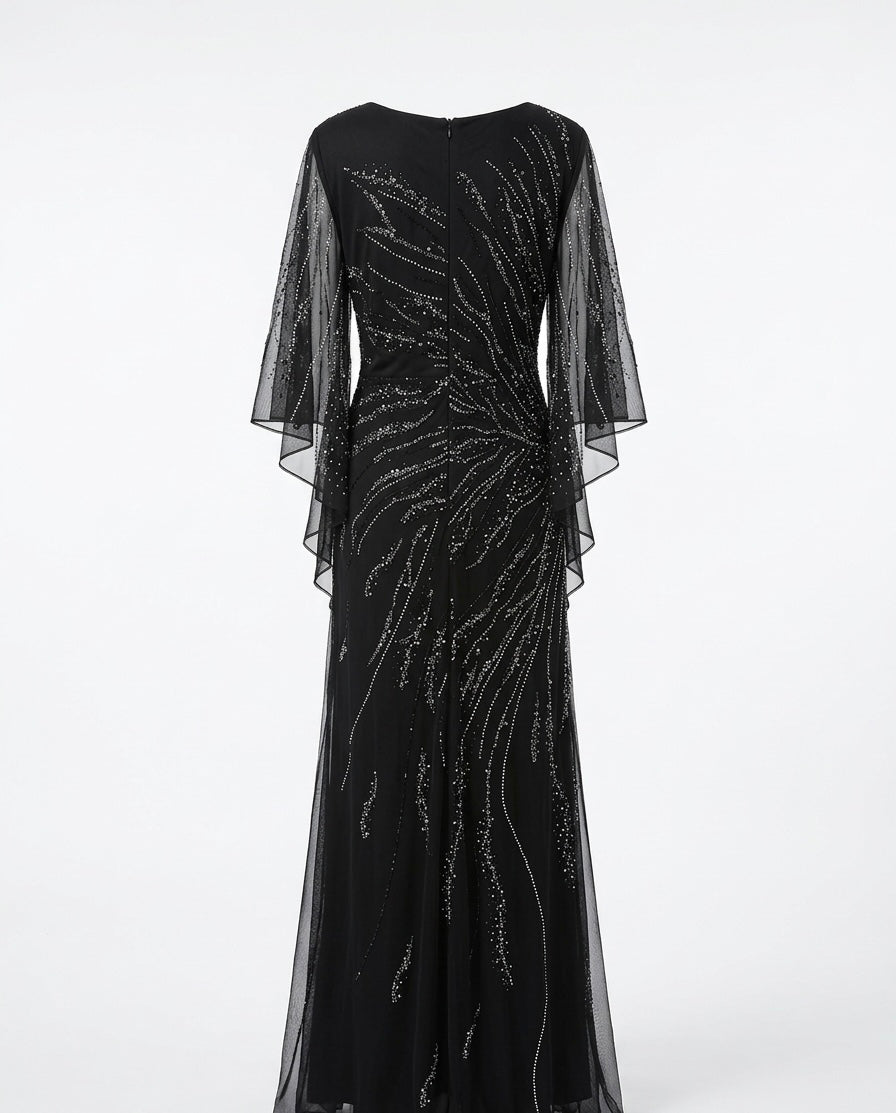 Black Crystal-Embellished Sheer Overlay Evening Dress
