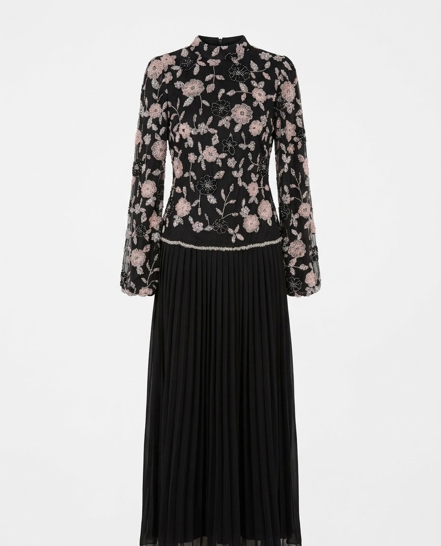 Black Floral Embroidered Pleated Midi Dress