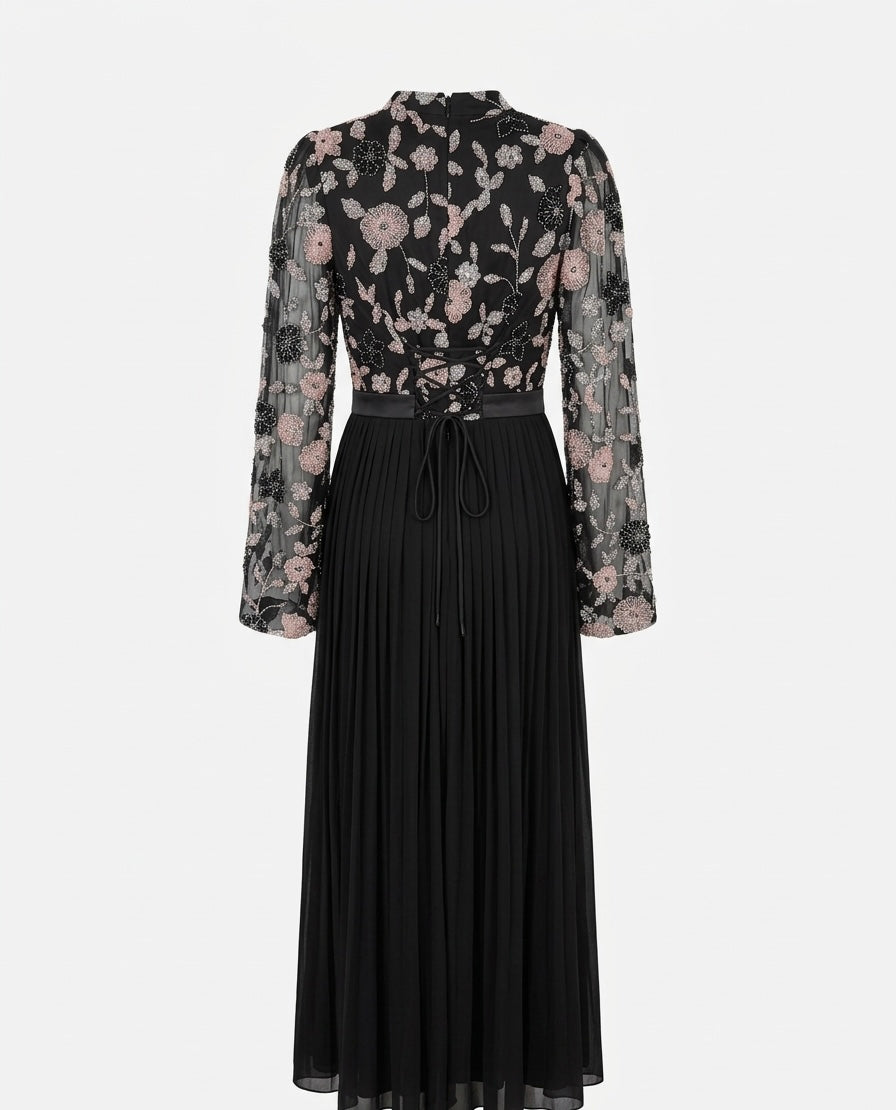Black Floral Embroidered Pleated Midi Dress