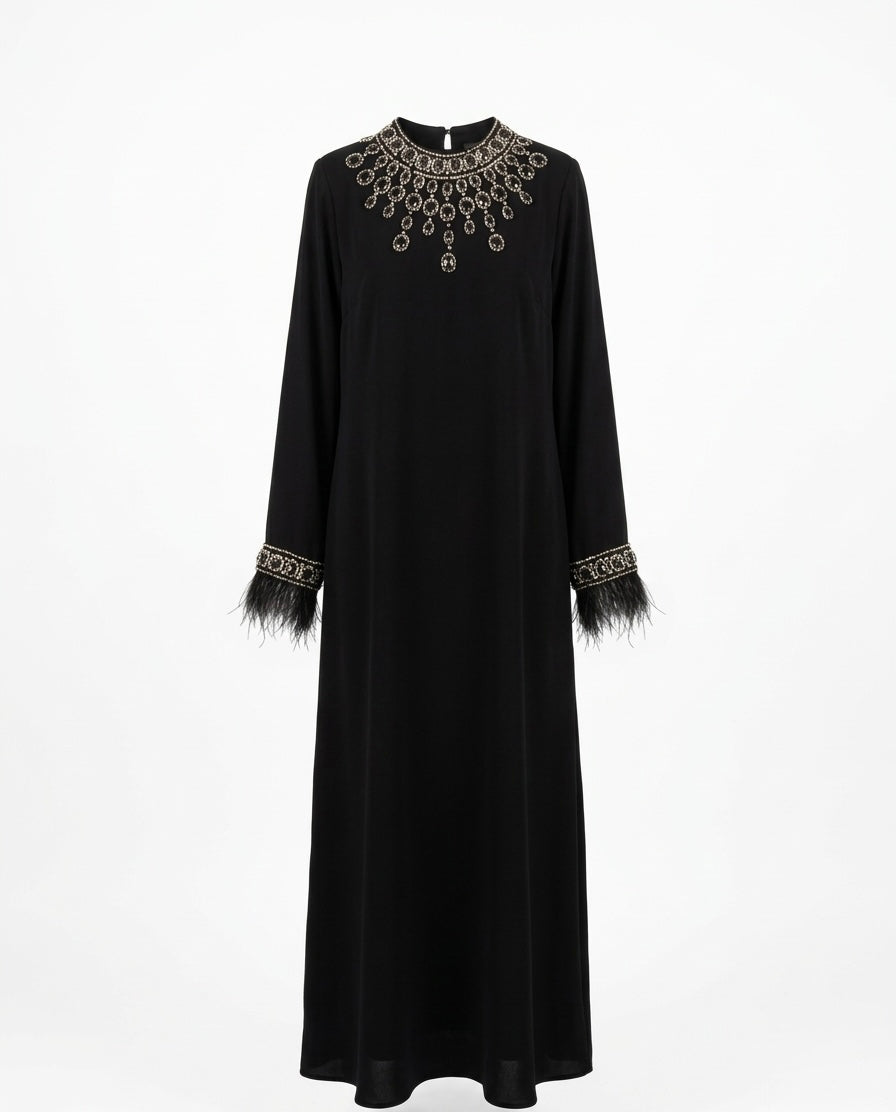 Black Embellished Collar Feather Cuff Maxi Dress