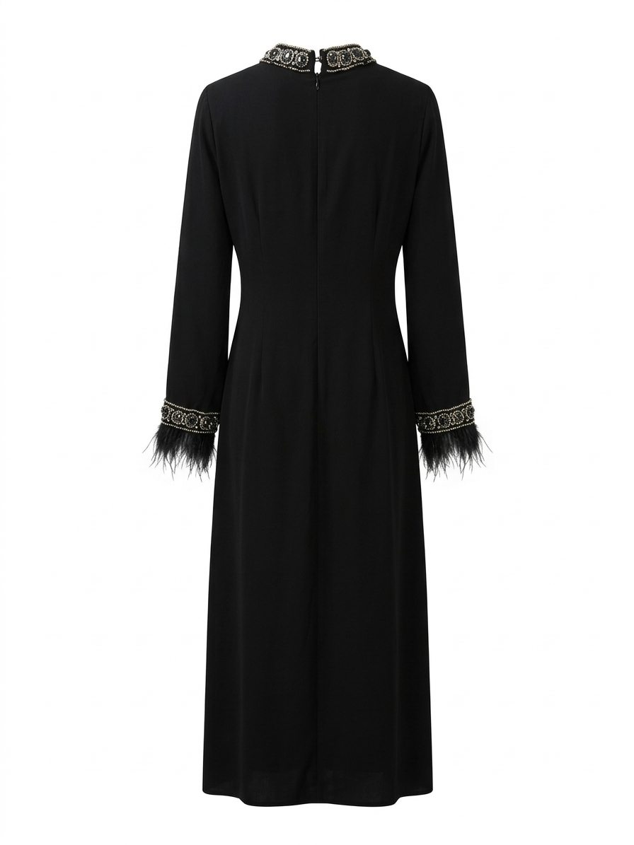 Black Embellished Collar Feather Cuff Maxi Dress
