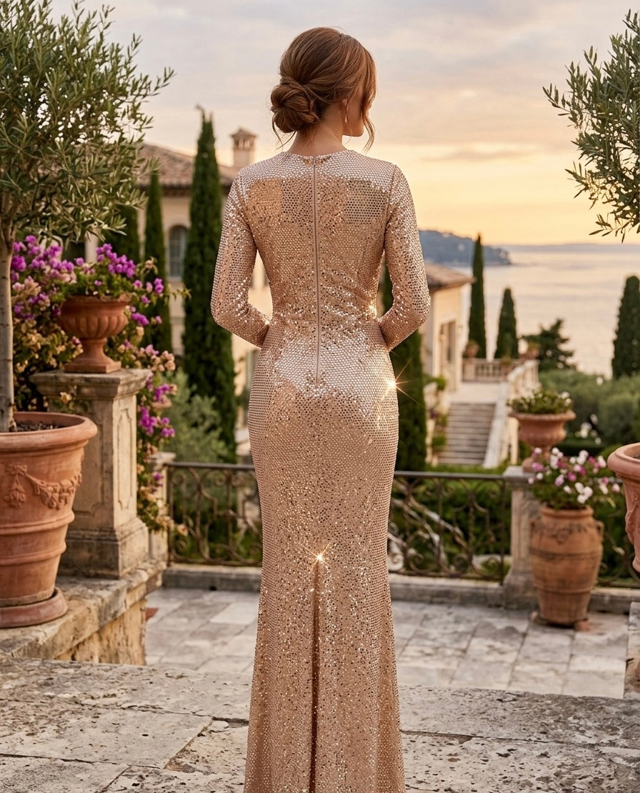 Champagne Gold Draped Sequin Evening Gown