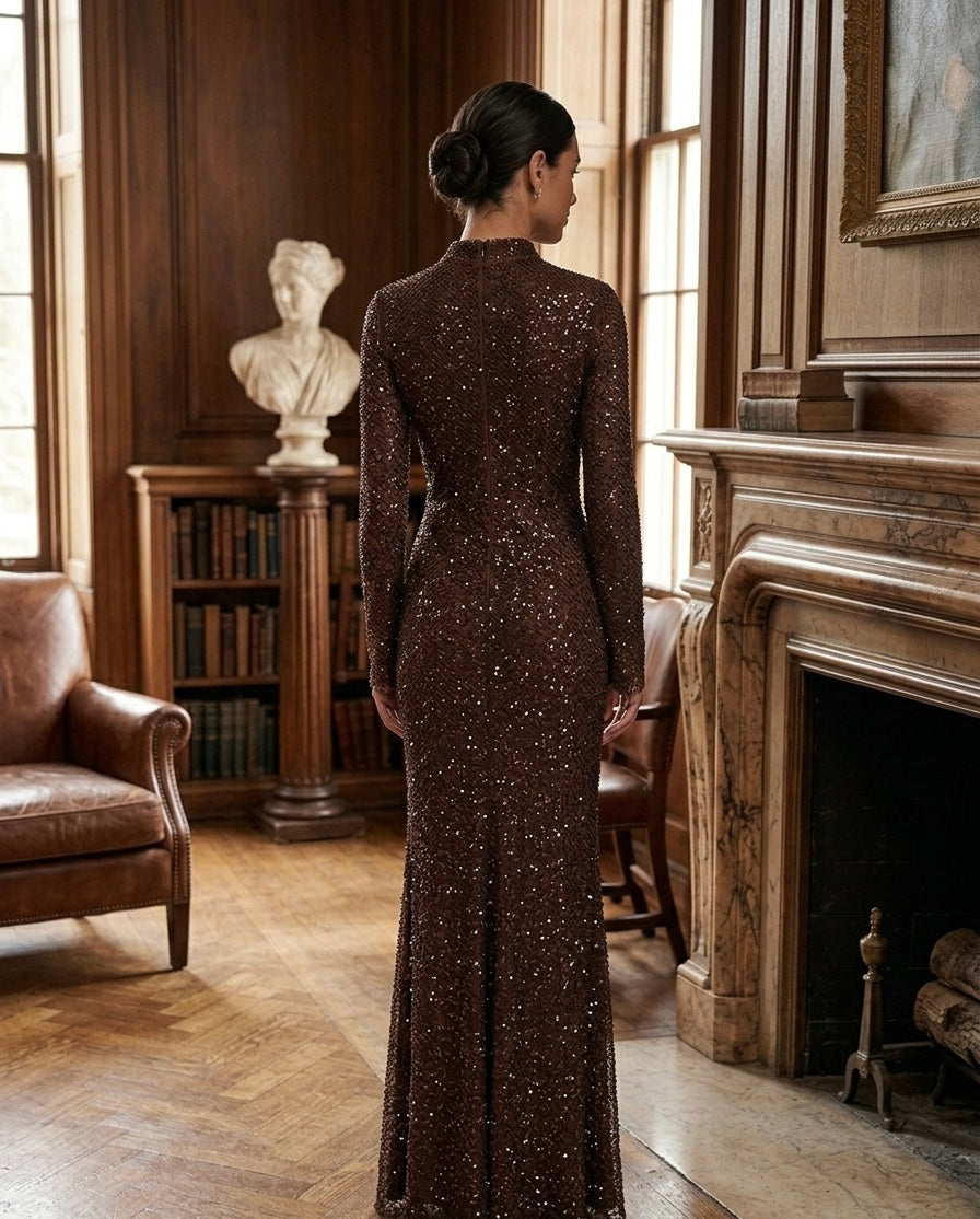 Chocolate Brown High-Neck Sequin Maxi Dress