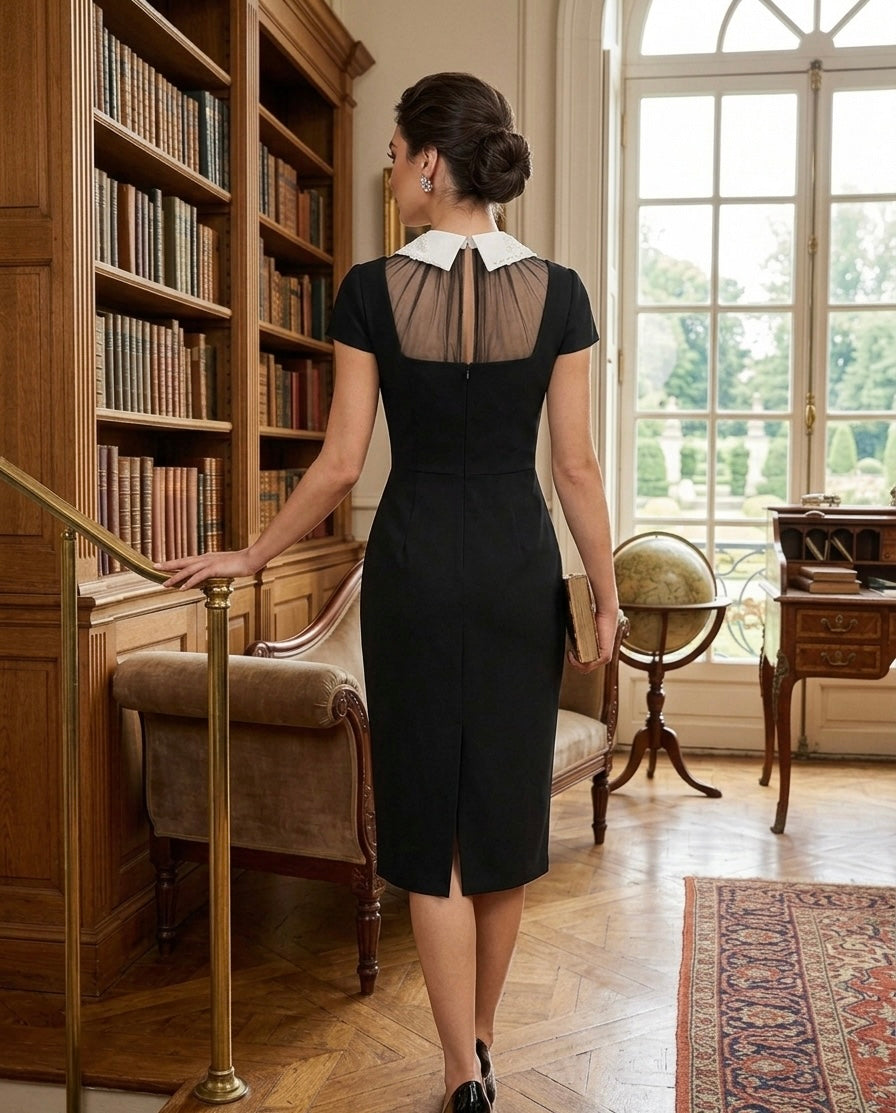 Classic Black Midi Dress with Lace Collar and Bow Detail