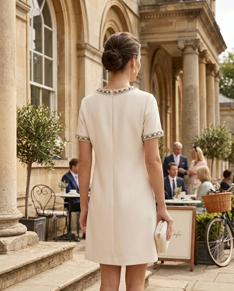 Elegant Ivory Shift Dress with Embellished Collar