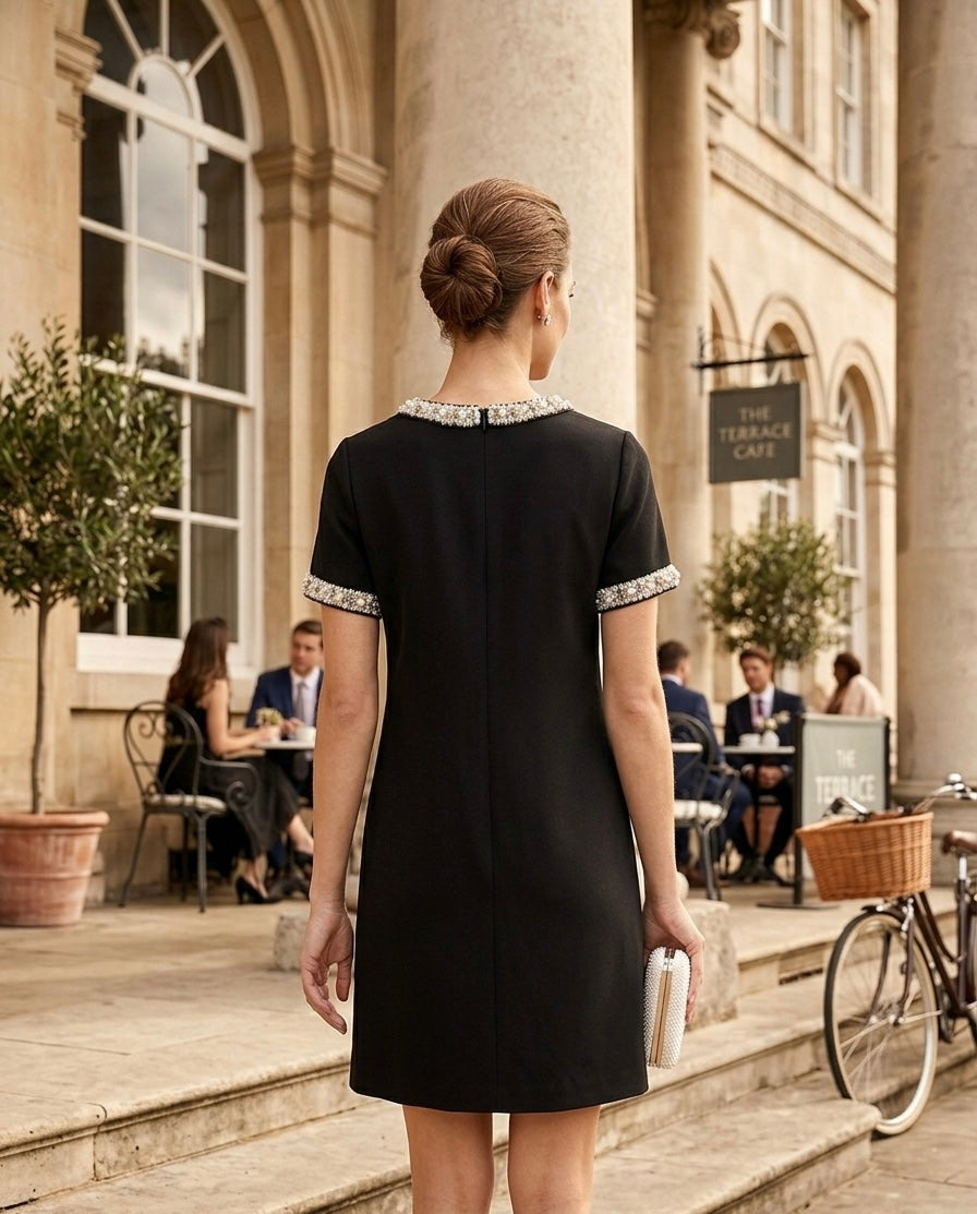 Elegant Ivory Shift Dress with Embellished Collar