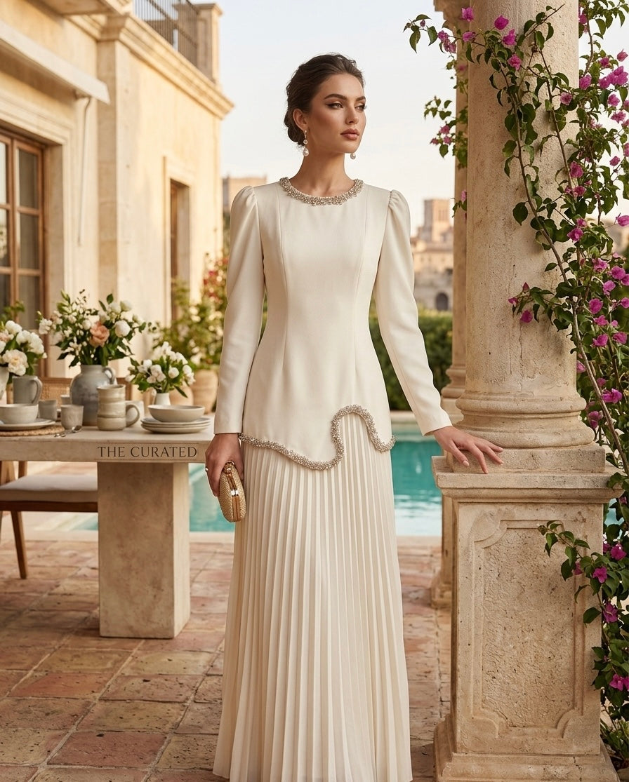 Ivory Embellished Top & Pleated Maxi Skirt Set
